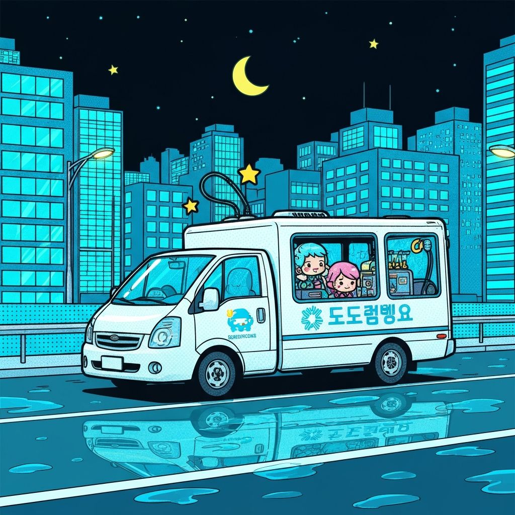 야간 출장세차 서비스 차량 만화 일러스트