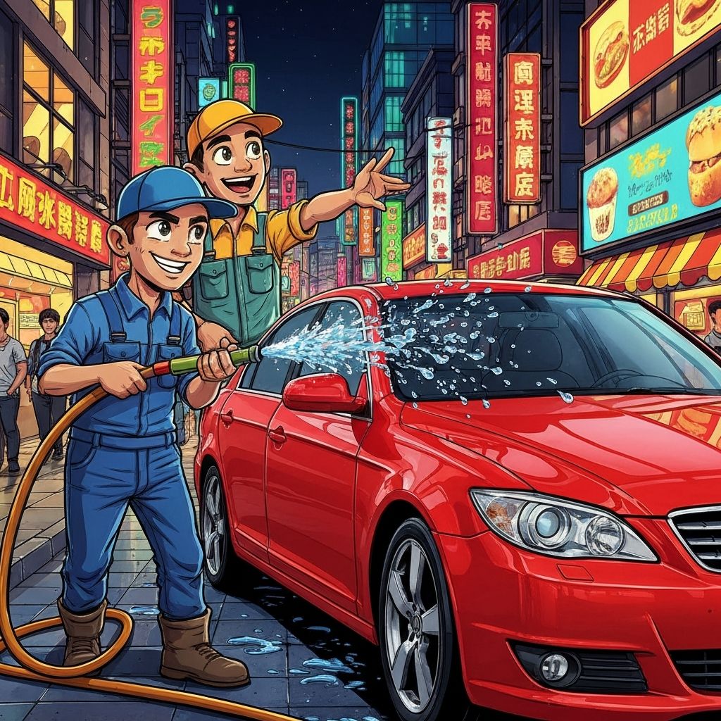 야간 세차 서비스 현장 만화 일러스트
